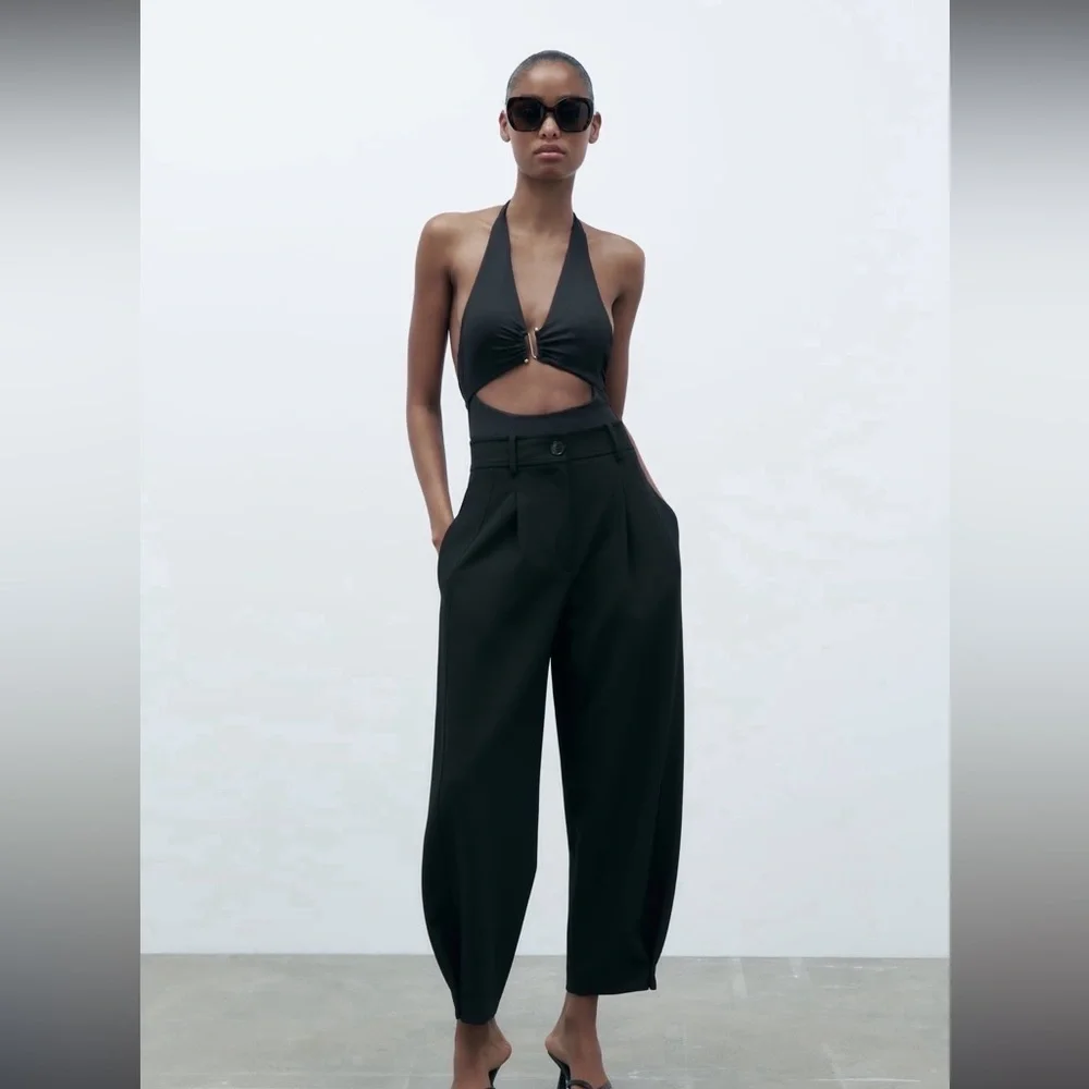 Zara Black Linen Blend Tapered Pants Large
